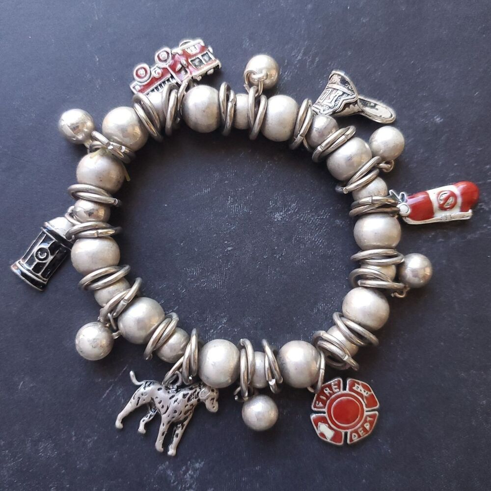 Firefighter Charm Bracelet Gray Silvertone Stretch Fireman First Responder